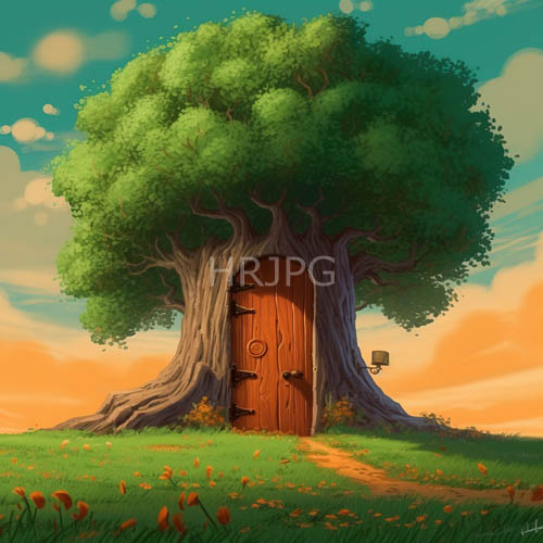 High Resolution: Ancient Tree Majestically Stands in Vibrant Woodland Sanctuary with Magical Door download. | HRJPG.com