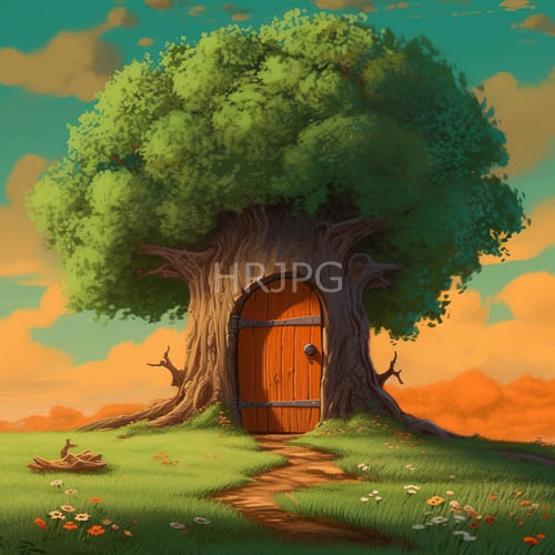 lush exterior of enchanting treehouse under vibrant orangeteal sky