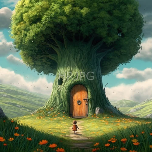 lush landscape with whimsical wooden door and orange blooms under azure skies