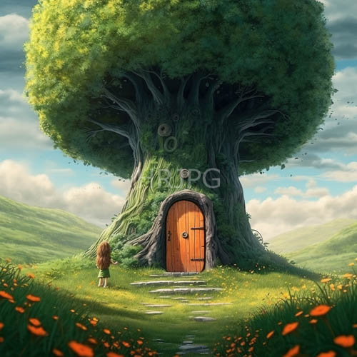 mystical treehouse oak entrance framed by emerald poppies in dappled sunlit meadow