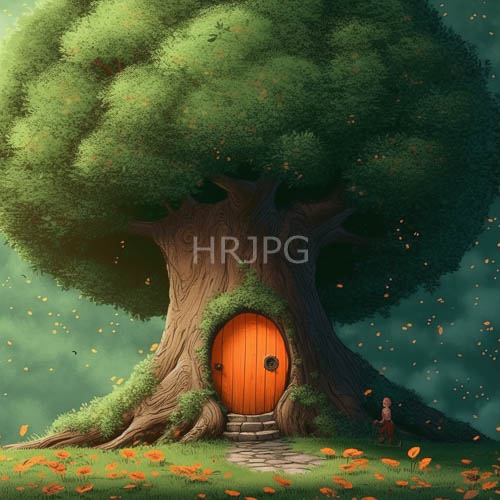 orange wooden door invites curiosity into enchanting giant tree dwelling with lush green foliage and vibrant grass carpets