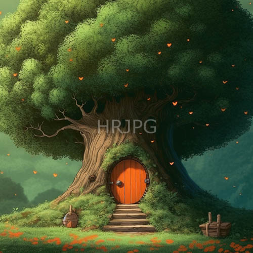 High Resolution: Mosskissed oak canopy frames an ancient stone treehouse in emeraldlit forest depths download. | HRJPG.com