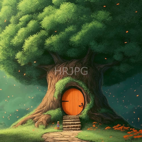 lush greenery surrounds a majestic tree with a rare wooden door