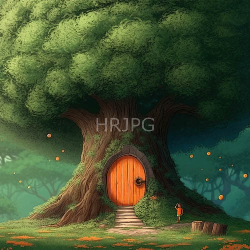 fairytale treehouse surrounded by lush green foliage and fireflies under twilight skies