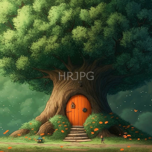 ancient wooden treehouse portal nestled in evening forest canopies amidst lantern glow