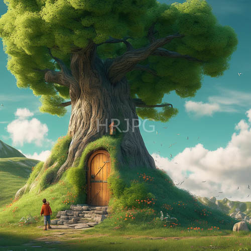 ancient treehouse amidst grassy slope with foliage framing wooden door