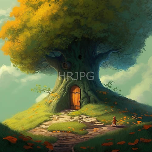 crimsoncloaked wanderer ascends weathered stone steps to ancient tree with vibrant foliage and orange blooms