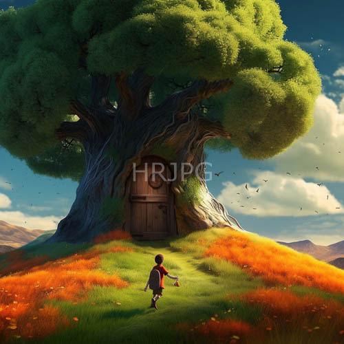 High Resolution: Meticulous Brushwork on Whimsical Landscape Compositions with Orange Hillside and Textured Tree download. | HRJPG.com