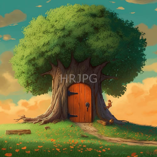 wooden door treehouse amidst lush canopy of foliage underneath blue sky with fluffy clouds