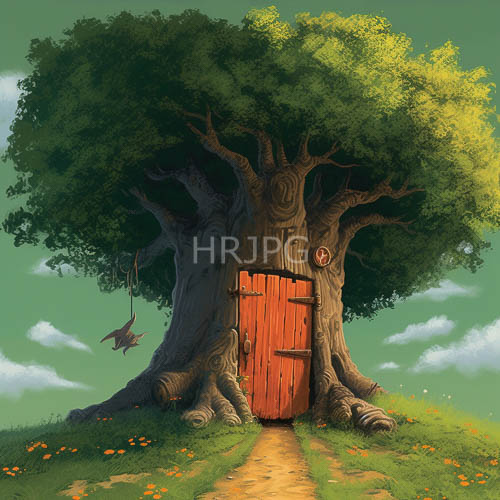 enchanting red wooden door amidst lush canopy of varying greens