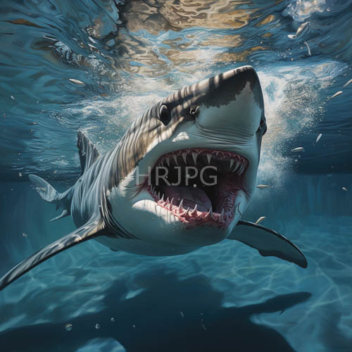 filtered sunlight illuminates submerged seafloor amidst oceans undulating surface and great white sharks imposing figure
