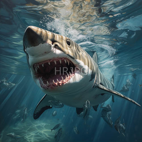 sharks swim amidst smaller fish in underwater sunlight with dancing ripples and bubbles