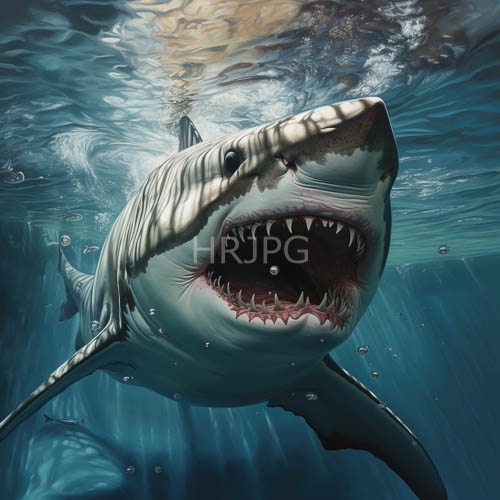 High Resolution: Great White Shark Unfurls RazorSharp Teeth Beneath Turbulent Blue Waves amidst Sunlit Ripples download. | HRJPG.com
