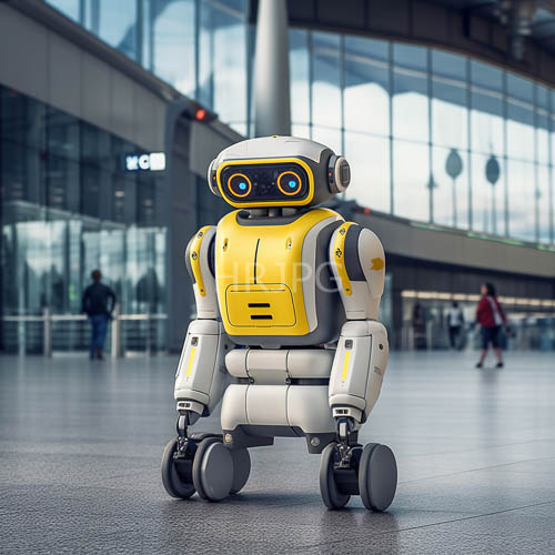 yellowandwhite humanoid robots stand in modern glasswalled building amidst blurred humanfilled lobby