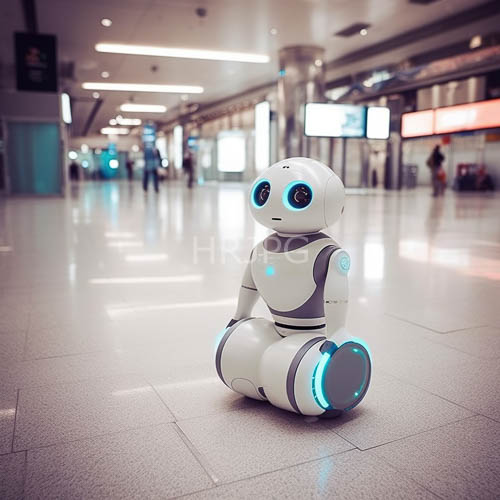cyan accented robot amidst blurred airport terminal bustle under fluorescent lighting