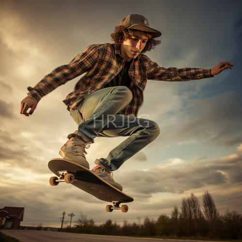 sunset skateboarding with orangehued horizon and aerial board flip