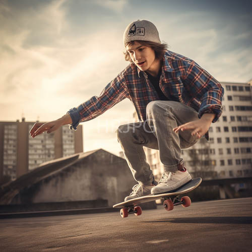asian teenage boy executes flawless midair skateboarding trick under sunset urban backdrop