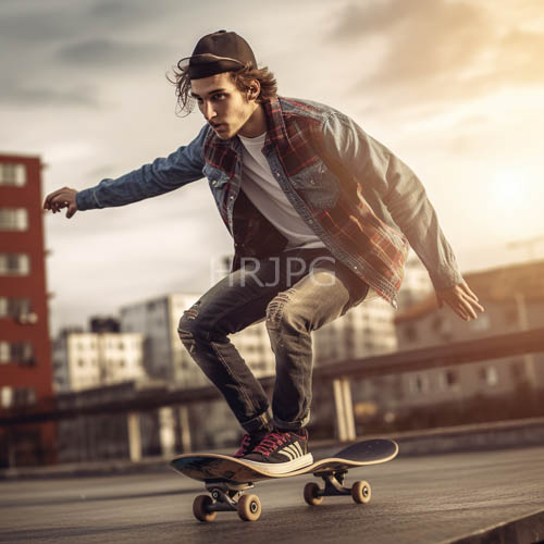 High Resolution: Asian teenage skateboarder powers through sunset rooftop urban terrain download. | HRJPG.com