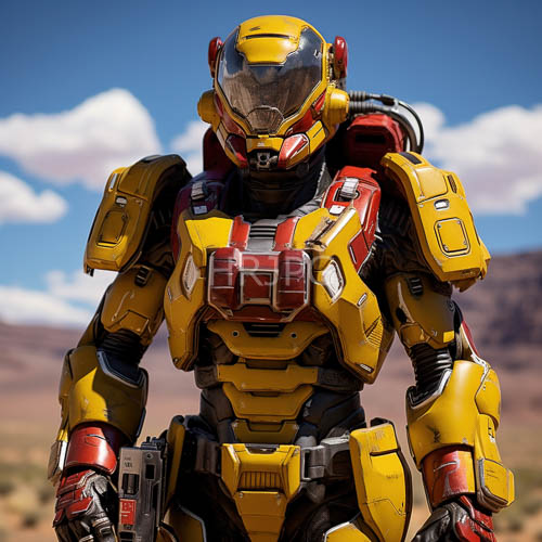 yellowred power armor dominates desert landscape under azure skies amidst majestic mountain silhouettes