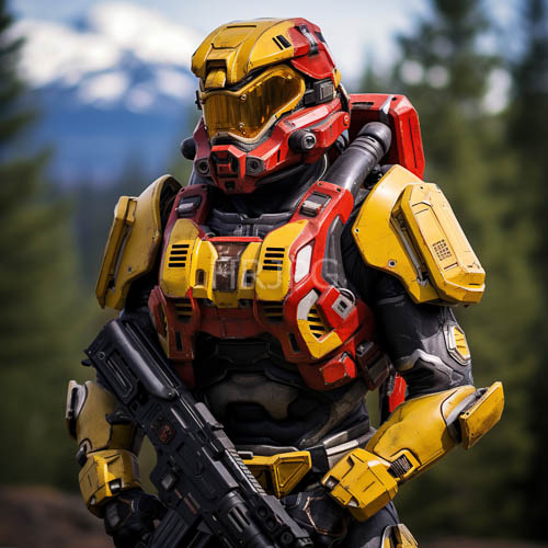 High Resolution: Futuristic Power Armor Stands Tall in Pine Forest Under Clear Blue Mountainous Sky download. | HRJPG.com