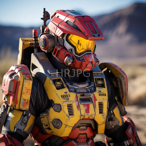 futuristic soldier stands amidst sprawling desert landscape with armor plating reflecting immense scale