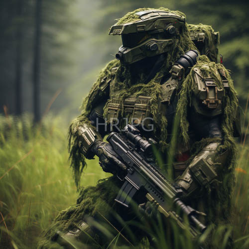 tactical gear clings to soldier standing covertly in sunlit forest clearing amidst swaying grasses