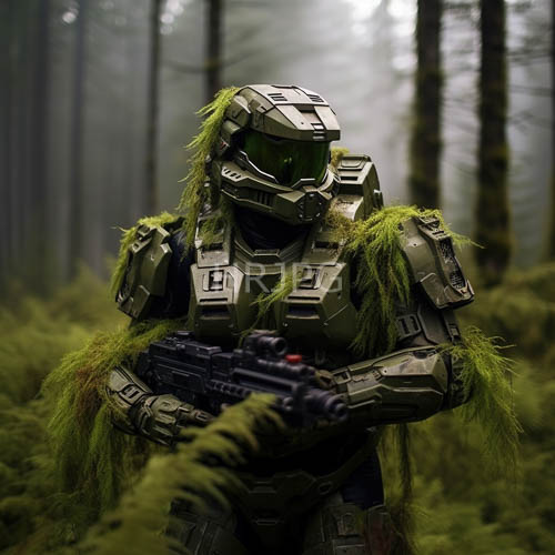 mossclad warrior in green futuristic armor blends with ferns amidst foggy forest trees