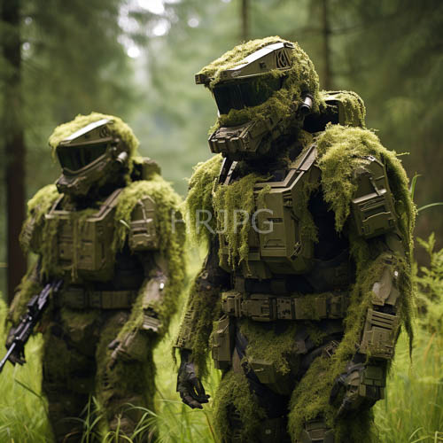 futuristic greenarmored soldiers overgrow in tangled forest canopies and mechanical details