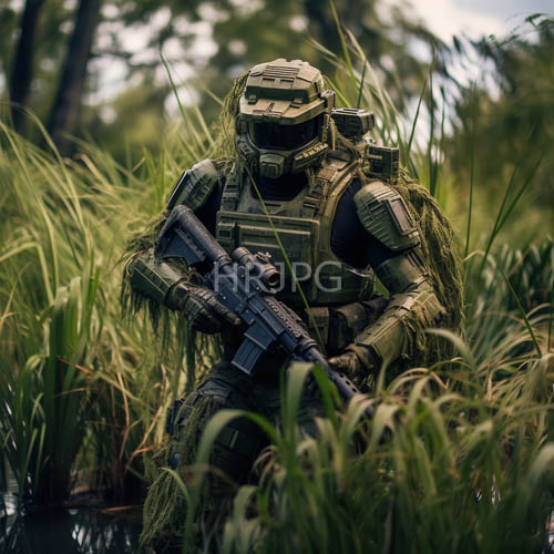 heavily armored operator crouching amidst tall green reeds at the waters edge