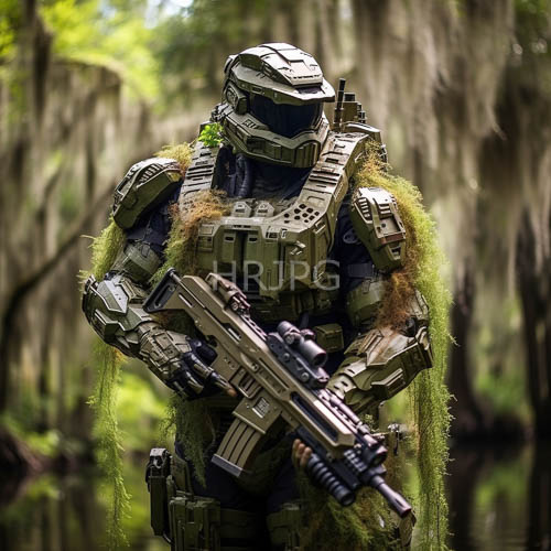 futuristic soldier emerges from emerald camouflage into wilderness terrain