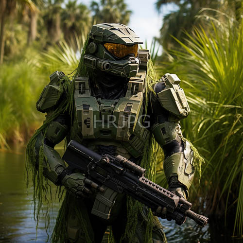 camouflageclad soldier beneath verdant palm trees with mosscovered armor in highdefinition