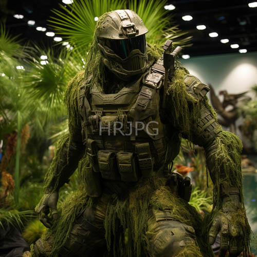 mosscovered futuristic soldier dominates convention hall with elaborate armor and lush palm surroundings