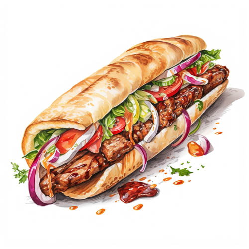 juicy grilled meat slices resting on crusty french bread rolls with fresh lettuce and red onion rings