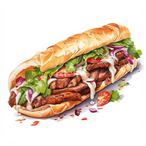 layered sandwich with charred beef strips and creamy white sauce on crusty bread rolls