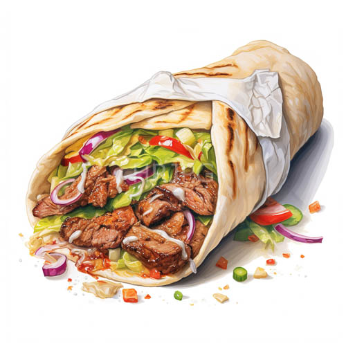 mediterranean meat wrap with juicy browned meat and fresh vegetables on toasted pita