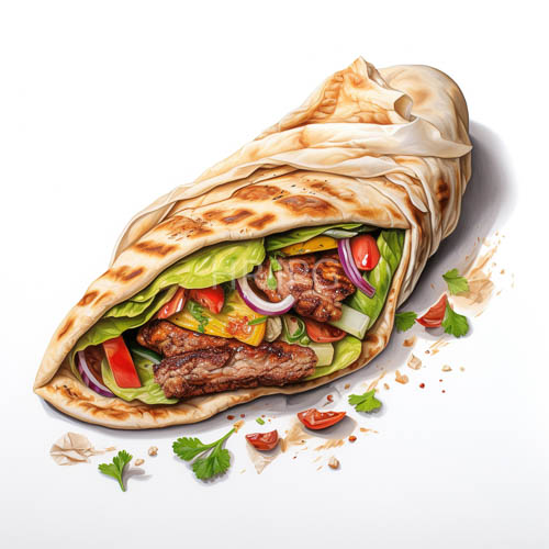 beef shawarma sandwich slices crowned with fresh green leaves and tomatoes