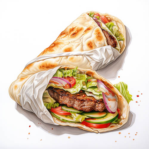 High Resolution: Beef Pita Shawarma Sandwiches Wrapped in Lightly Toasted Bread on White Backdrop download. | HRJPG.com