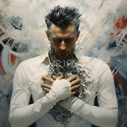 dark haired man confronts swirling grayish white lines amidst abstract backdrop