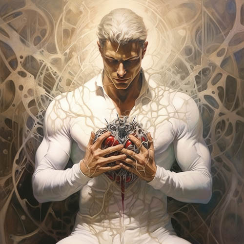 mechanicalorganic fusion on muscular mans chest swirling beige abstract labyrinthine backdrop
