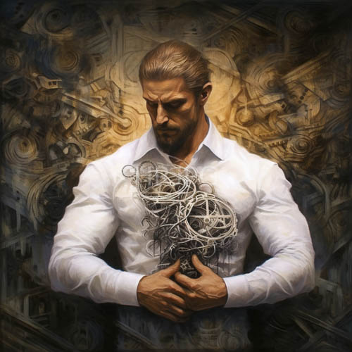 muscular bearded figure in industrial setting with tangled silver wires and steampunk motifs