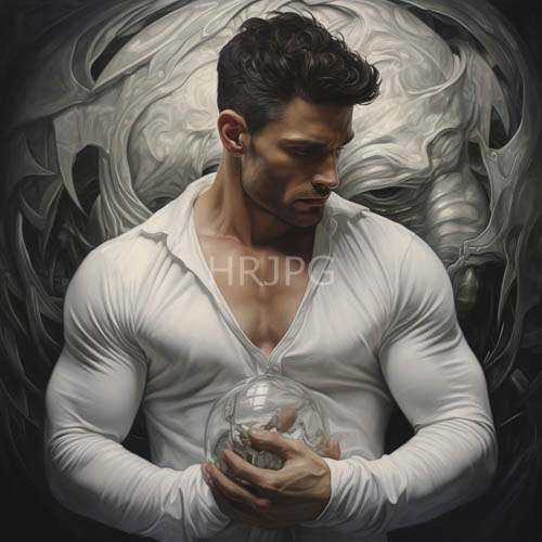 muscular figure clutching translucent orb amidst swirling tentaclelike tendrils in abstract backdrop