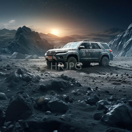 High Resolution: MudCovered SUV Dominates Rocky Desert Terrain at Dramatic Sunset download. | HRJPG.com