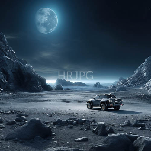 moonlit desert landscape dominated by powerful offroad suv silhouette amidst jagged mountains