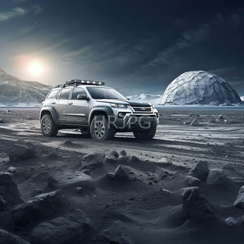 High Resolution: Striking offroad SUV amidst jagged rocks and snowcapped mountains under serene bluegray twilight sky download. | HRJPG.com
