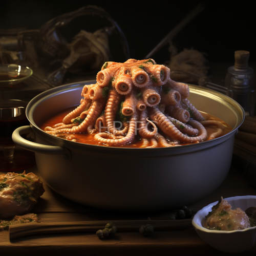 culinary artistry showcase in steamy hot pot aesthetic with octopusshaped dish and metallic cooking vessel on wooden table