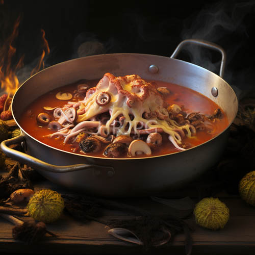 flickering firelight dances across rustic wooden surface beneath overflowing iron skillet