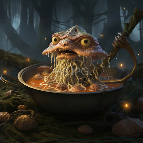 High Resolution: Surreal Creature Emerges from Spaghetti Bowl in Damp Forest Under Twilight Hues download. | HRJPG.com
