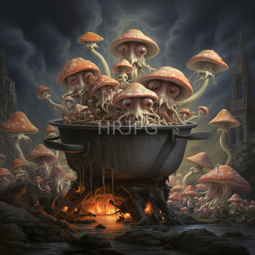 massive sentient mushrooms rise from steaming noodles amidst stormy skies and crumbling gothic ruins