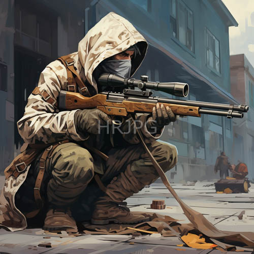 tactical operative crouches amidst ruins of urban warfare landscape