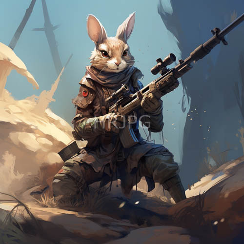 anthropomorphic rabbit soldier engages sniper rifle in ruins of city under clear blue sky
